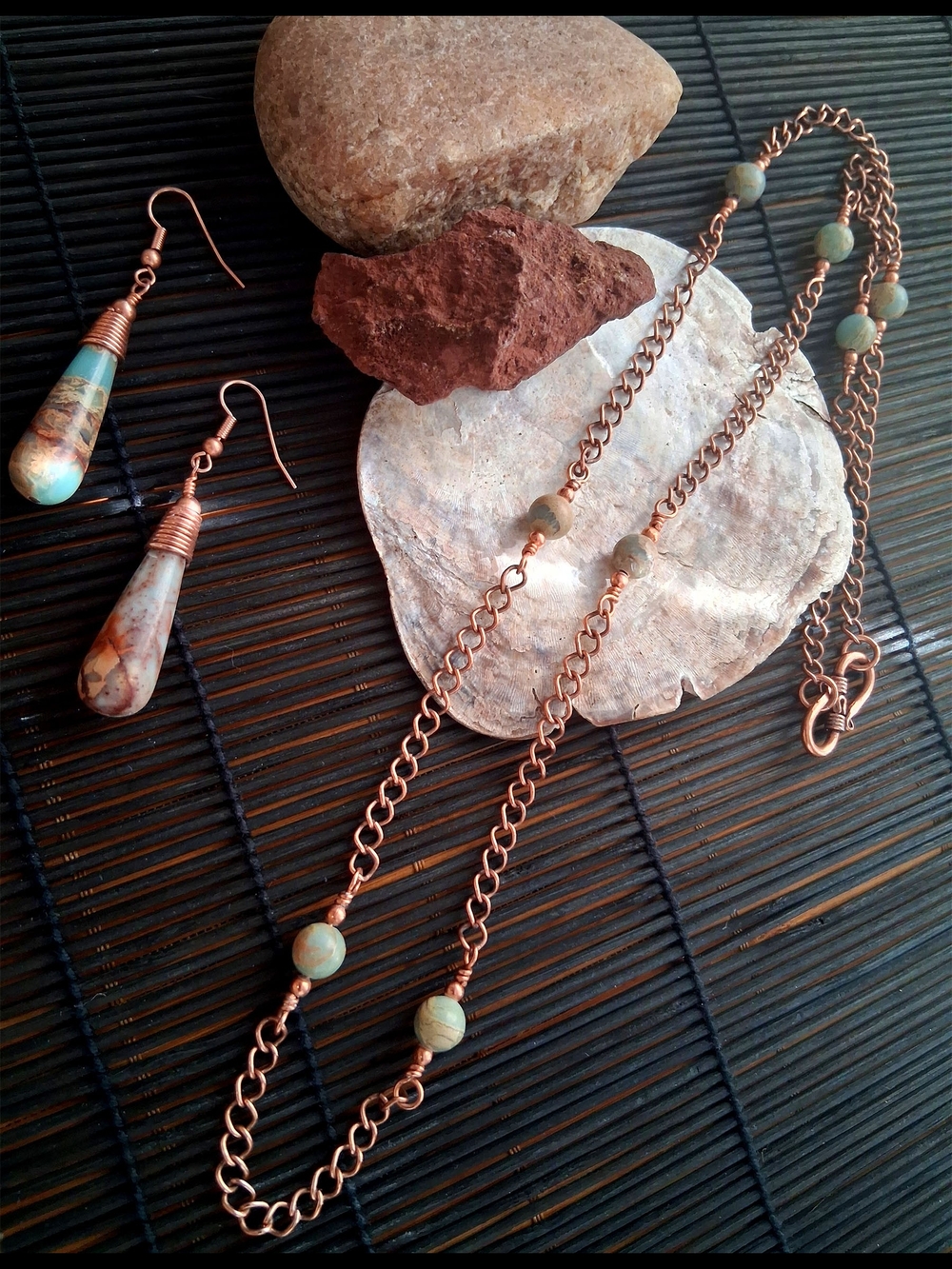 Handcrafted Copper and Aqua-terra Jasper Bead Necklace and Earring Set